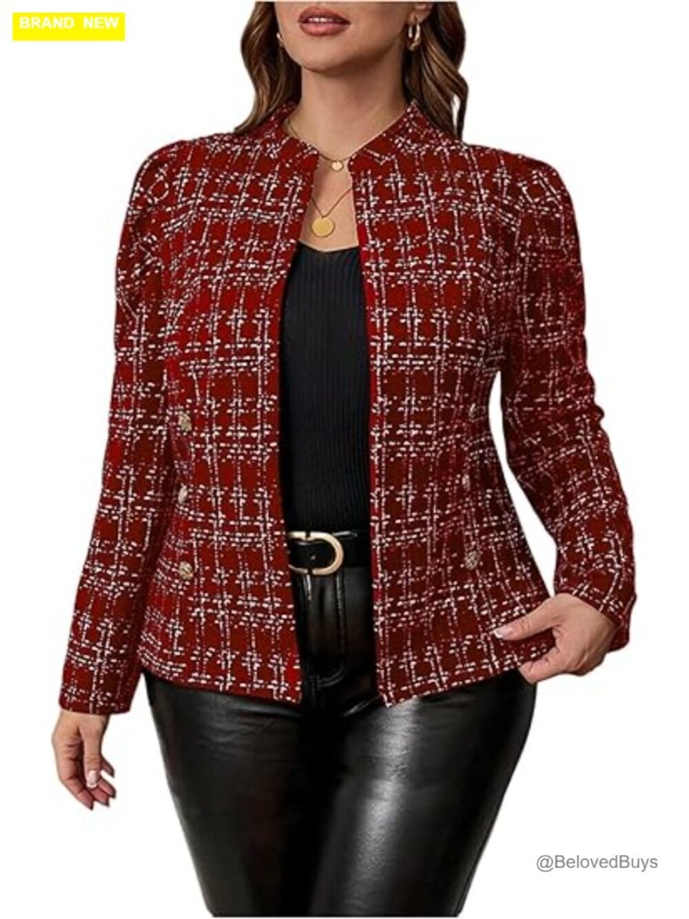 Plus Size Elegant Long Sleeve Tweed Jacket Open Front Office Blazer
